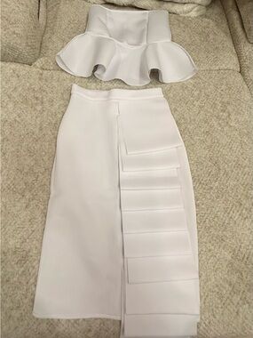 White Peplum Top and Pleated Pencil Skirt Set